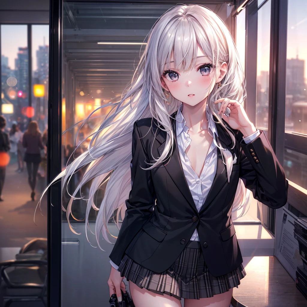 最high quality, masterpiece, 1 Girl, Beautiful Face, (Photorealistic photography:1.3), Rim Light, (Skin with attention to detail:1.2), 8K UHD, Digital SLR, high quality, High resolution, 4K, 8K, Bokeh, (Genuine: 1., Small face, pretty girl, Black Formal Blazer, Middle chest, Short skirt,office