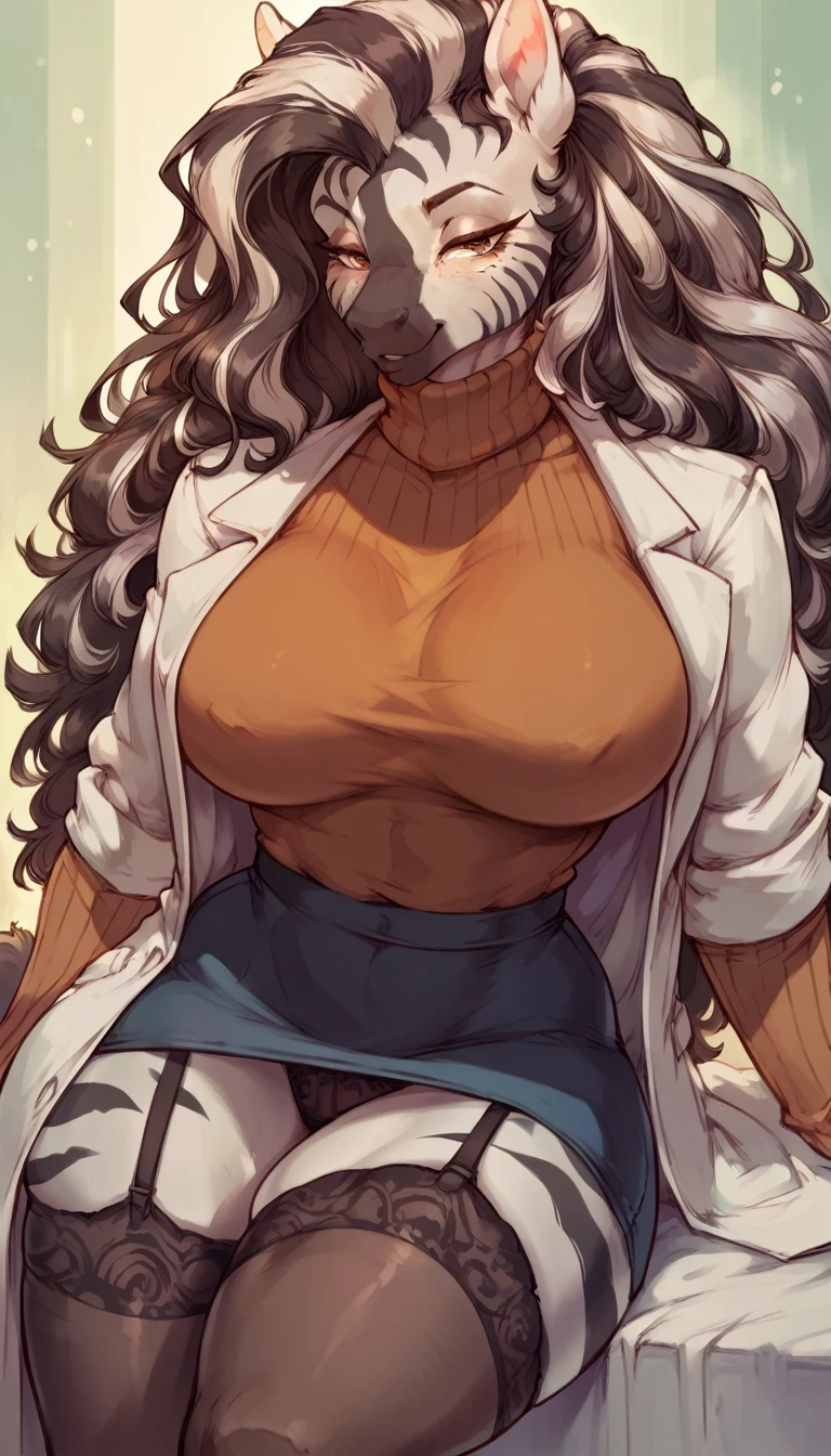 female anthro zebra ,Brown long fluffy hair, fluffy hair, zebra, giant breasts, attractive,turtleneck sweater, turtleneck, skirt, lab coat, garter belt , thicc body, thicc body, thicc, freckles, freckles on face, neutral expression, smug eyes, she is sitting, spreading legs showing her panties (thick thighs:1.5)