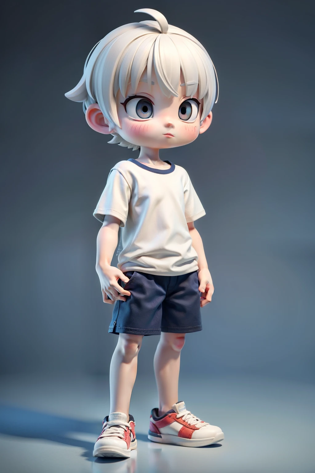 White short-haired boy, white short-sleeved shirt, blue shorts, white sneakers