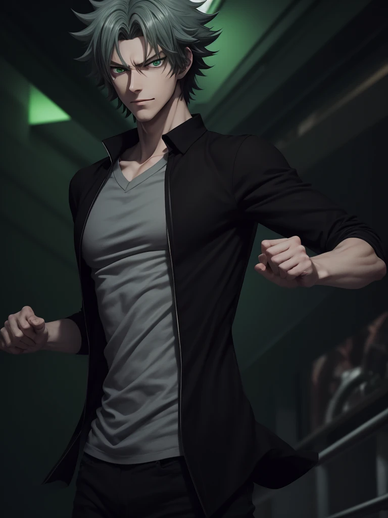 (best quality), 1boy, male, pale skin, black hair, medium hair, curtain hair, tousled hair, green eyes, perfect eyes, dark circles under eyes, tall, slender, handsome, strong jawline, lazy, light smile, attractive, basic black long sleeve v neck shirt, Tomura Shigaraki, masterpiece, anatomically correct, highres
