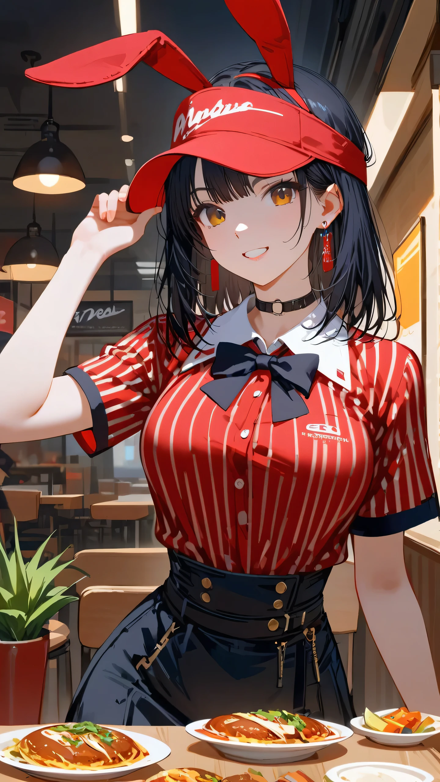 (masterpiece, best quality:1.2, absurdres),(1girl, solo, black hair, medium hair, straight hair, gold eyes, earrings, choker, visor cap, short sleeves, red shirt, collared shirt, vertical-striped shirt,black bowtie,high-waist skirt, waist apron, black skirt, smile, bunny ears), (fast food restaurant, serve customers  )