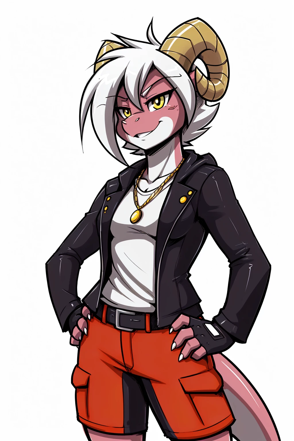 (adult, sketch-ish, 2d, absurdres, best quality, uploaded on e621), (by uc77, by zeekzag, by skidd, by john joseco, by kadath, by bigdad, by shonuff, by scappo), ((white background, no background:1.4)), (bust portrait, manga styled, manga styled eyes, intense pupils, getter robo styled eyes), (short hair, white hair, parted fringe, messy hair), (solo, pink body, pink scales, kobold, dragon-ish, reptilian kobold, snaggletooth kobold), (battle scars on tail), (two ram-like curved gold horns:1.4), (eyelashes, gold eyes), (badass, arrogant, cocky, cute, slight grin, toothless maw), (white hoodie jacket, shirt, long red bermuda shorts, fingerless gloves), hot-blooded, citrine colored gem ear piercing, ((facial horns, small trimmed white claws, small breasts:1.2)), crossed arm pose, (snaggletooth maw, toothless maw)