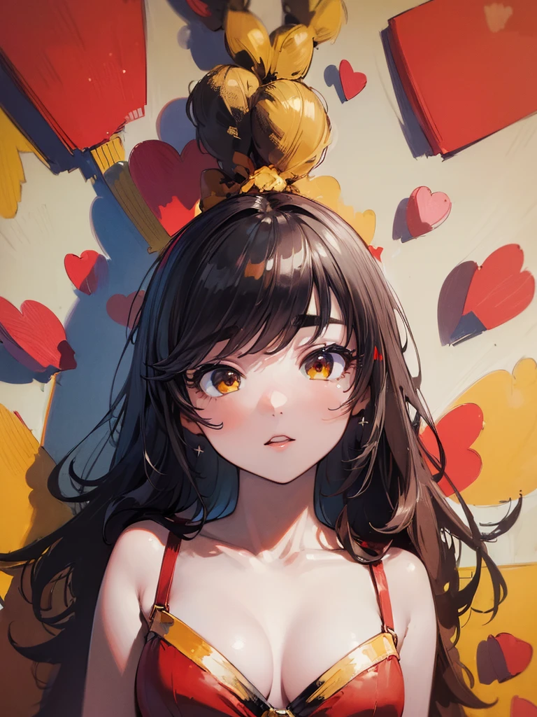 (((masterpiece) (((((Highest quality))))((high resolution))))), Very detailed, Ultra-realistic, )、、City、Black Hair、Red panties　Red Bra.Big Breasts、、((Yellow eyebrow))、Long Hair