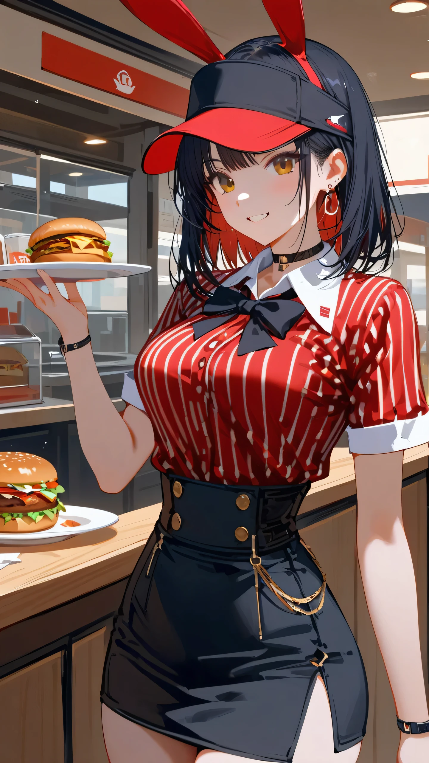 (masterpiece, best quality:1.2, absurdres),(1girl, solo, black hair, medium hair, straight hair, gold eyes, earrings, choker, visor cap, short sleeves, red shirt, collared shirt, vertical-striped shirt,black bowtie,high-waist skirt, waist apron, black skirt, smile, bunny ears), (fast food restaurant, serve customers  )