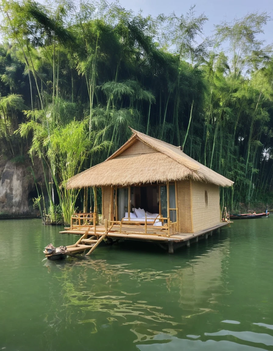 there is a floating house with a bed and a couch on the water, floating palace, bamboo huts, cozy and peaceful atmosphere, very close to real nature, cozy place, relaxing environment, peaceful and serene, peaceful and quiet, sitting in a small bamboo boat, peaceful ambience, beautiful and mysterious, beautiful place, in the middle of a lake, very relaxing