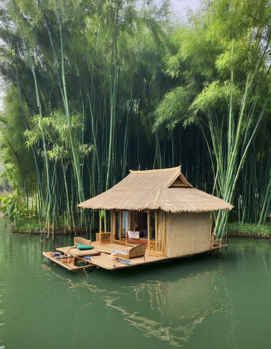 there is a floating house with a bed and a couch on the water, floating palace, bamboo huts, cozy and peaceful atmosphere, very close to real nature, cozy place, relaxing environment, peaceful and serene, peaceful and quiet, sitting in a small bamboo boat, peaceful ambience, beautiful and mysterious, beautiful place, in the middle of a lake, very relaxing