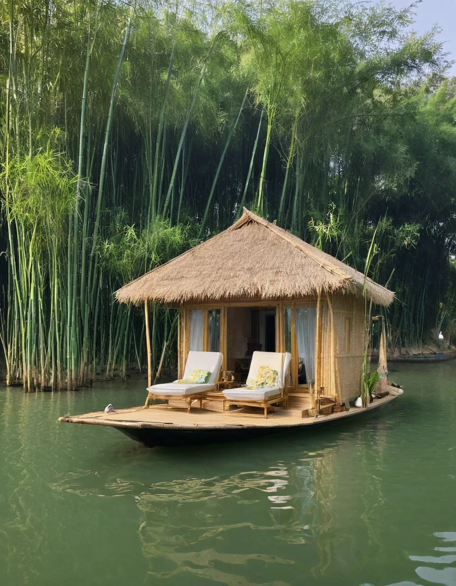 there is a floating house with a bed and a couch on the water, floating palace, bamboo huts, cozy and peaceful atmosphere, very close to real nature, cozy place, relaxing environment, peaceful and serene, peaceful and quiet, sitting in a small bamboo boat, peaceful ambience, beautiful and mysterious, beautiful place, in the middle of a lake, very relaxing