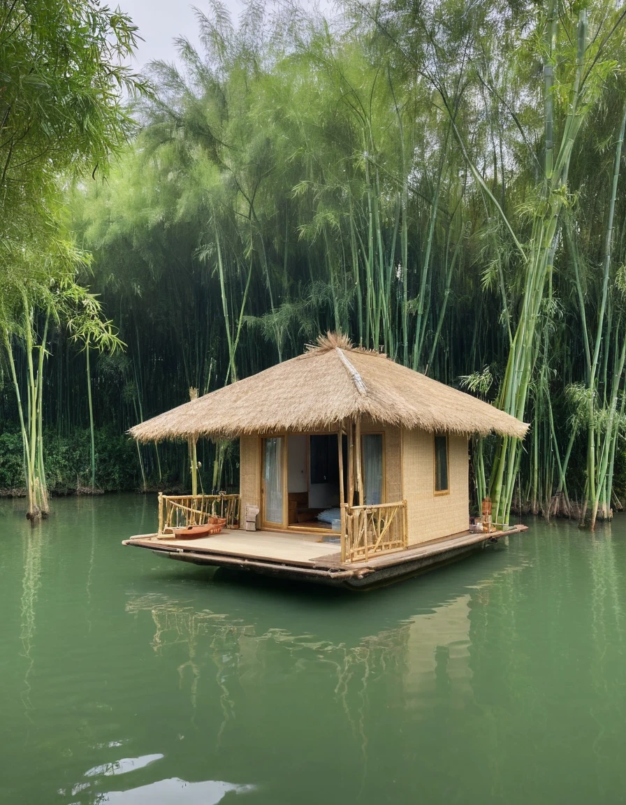 there is a floating house with a bed and a couch on the water, floating palace, bamboo huts, cozy and peaceful atmosphere, very close to real nature, cozy place, relaxing environment, peaceful and serene, peaceful and quiet, sitting in a small bamboo boat, peaceful ambience, beautiful and mysterious, beautiful place, in the middle of a lake, very relaxing