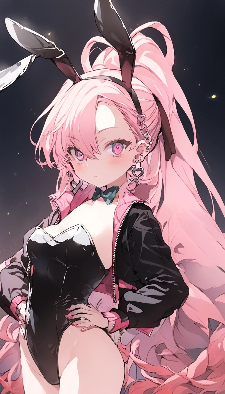 an anime style female character with black clothing and large eyes posed and posing, solo, animal ears, hands on hips, long hair, rabbit ears, 1girl, pink hair, fake animal ears, earrings, cropped jacket, jewelry, very long hair, pink eyes, bow, playboy bunny, bowtie, jacket, ponytail
