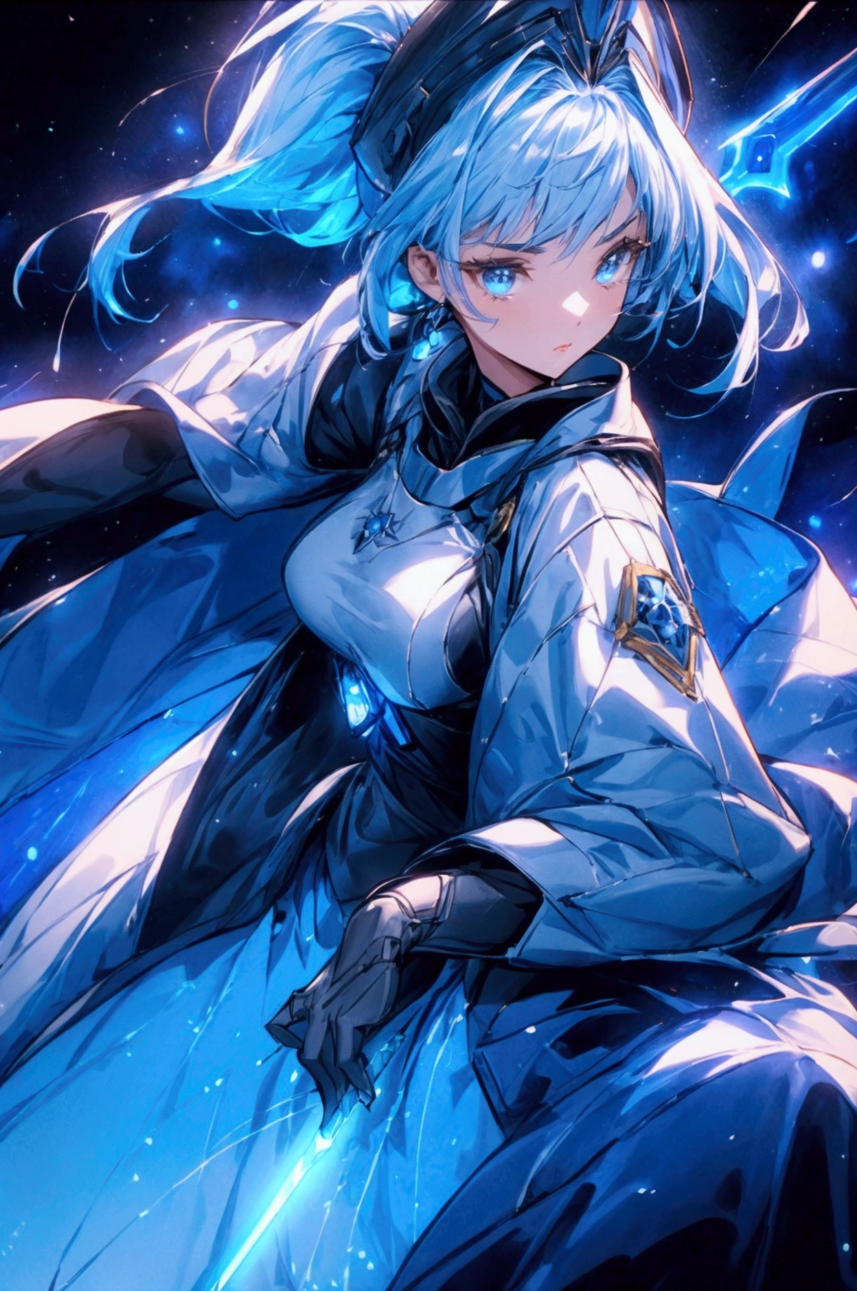 Visualize a female galactic military commander, a figure of authority and strategy, leading her vast fleet into the heart of battle. Her hair is a striking white, with strands of blue that add an otherworldly beauty to her appearance. She is dressed in a modern high tech uniform that speaks to her rank, complete with a commander’s hat that signifies her leadership. Draped over her shoulders is a dark blue robe, flowing and regal, a contrast to the starkness of space. White high ponytail with a glowing light blue highlights at the ends, Wielding a sword with deep blue aura, the mystical blade in her hand emitting a bright contrast blue light with a ray of energy, symbolizing her prowess and the ancient power she commands. The commander stands firm in the midst of an intergalactic conflict, her face set in a serious expression that reveals her unwavering resolve and the weight of command. Her presence alone commands respect and exudes the confidence of a seasoned war leader