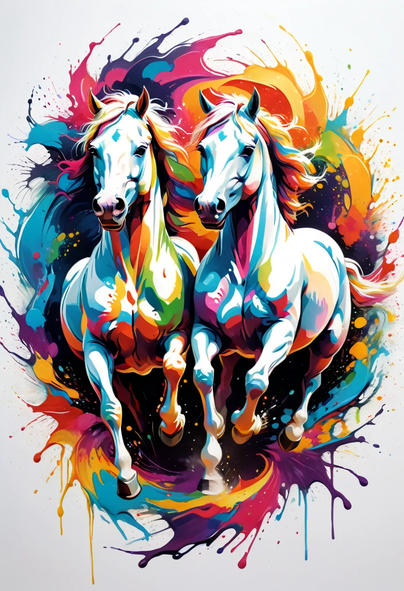 A t-shirt with a colorful illustration of two white horses running, At the center, swirly vibrant colors, paint splashes and smears, ultra detaild, 16K,extremely detaild, White background (artwork, best quality, proffesional, perfect composition, very aesthetic, absurdrez, super verbose, Intricate details:1.3)