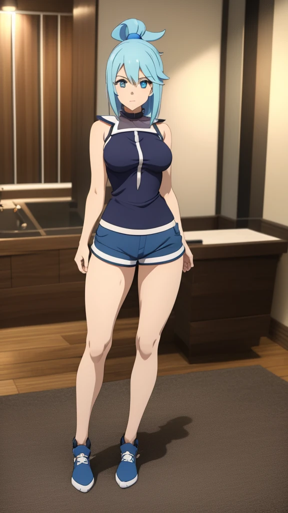 Aqua, 1women, Indoor, mini Shorts, black top, blue Hair, master piece, detailed, 4k, good quality, sexy Pose , Look Like aqua