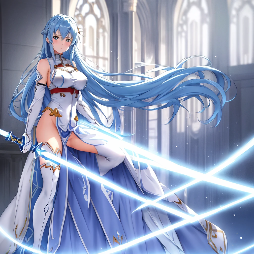 Digital art, Asuna, Sword Art Online, anime girl, long blue hair, elegant expression, white and blue armor, sword, large breasts, toned arms, athletic build, smooth skin, shapely legs, muscular calves, delicate feet, intricate details, dynamic pose, soft lighting, warm colors, subtle shading, 4k, high resolution, ultra high resolution, intricate detail, detailed texture, sensual atmosphere, alluring gaze, solo character, single figure