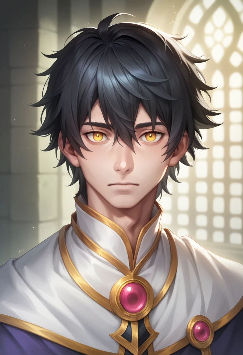 ‪ (masterpiece, 8K, Absurd, Digital Art, Digital Illustration, Realistic, Very detailed, Realistic lighting), (Perfect Face, Perfect Eyes, Perfect body), male性,1 person, Adult,male性的な, Golden Eyes,good looking, Sharp features,male, Messy black hair with bangs, 暗いGolden Eyes,Beautiful Face, Dark Sorcerer, Court Magician, Medieval Fantasy, Calm expression,sexy,Adult,Adult