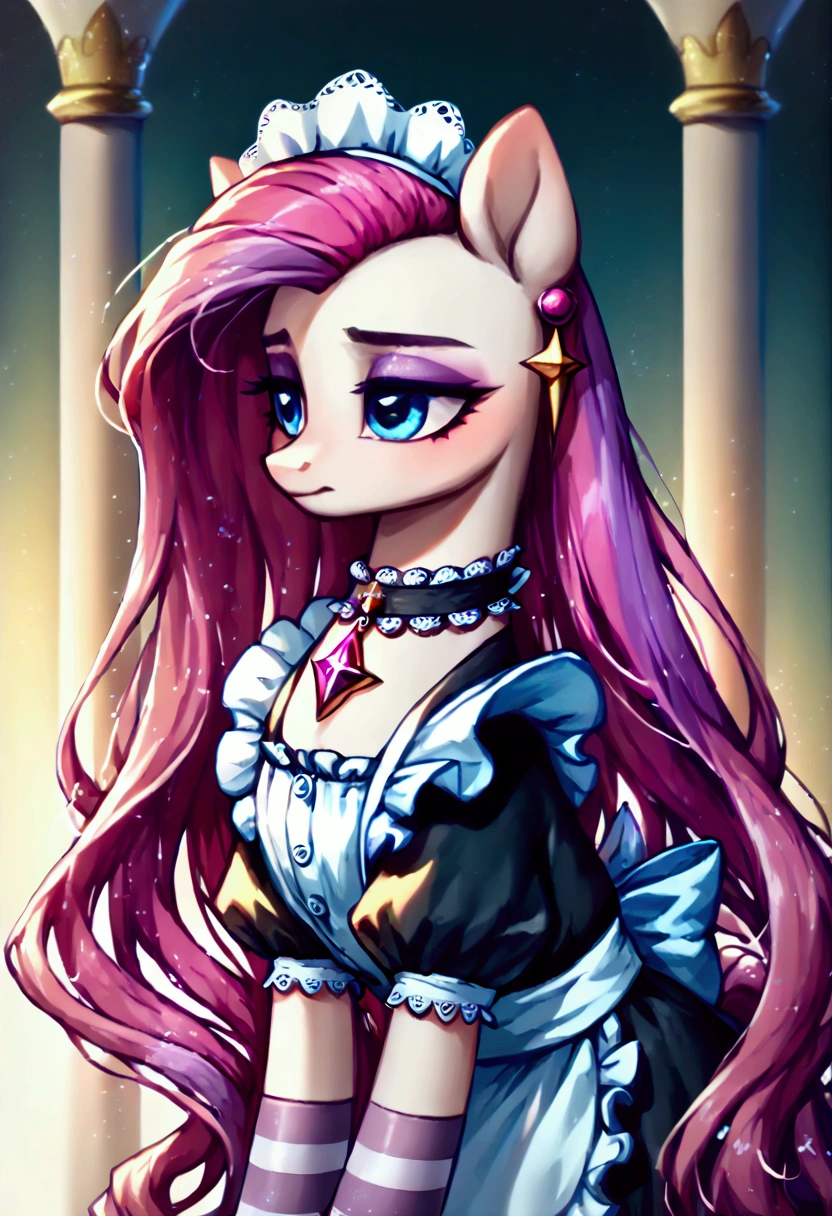 score_9,score_8_up,score_7_up,score_6_up, ((my little pony)), radiant lighting, vibrant colors, whimsical atmosphere, 8K, high resolution, highly detailed, masterpiece, (shy look), ((pony body)), white body, blue eyes, (maid costume), striped stockings, star pendant, earrings, eyeshadow, ((fuchsia long hair:1.6))