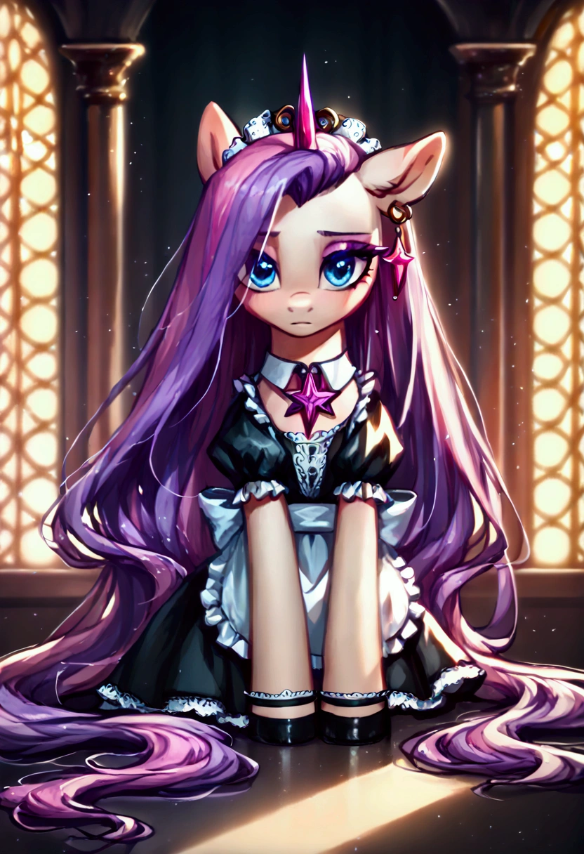 score_9,score_8_up,score_7_up,score_6_up, ((my little pony)), radiant lighting, vibrant colors, whimsical atmosphere, 8K, high resolution, highly detailed, masterpiece, (shy look), ((pony body)), white body, blue eyes, (maid costume), striped stockings, star pendant, earrings, eyeshadow, ((fuchsia long hair:1.6))