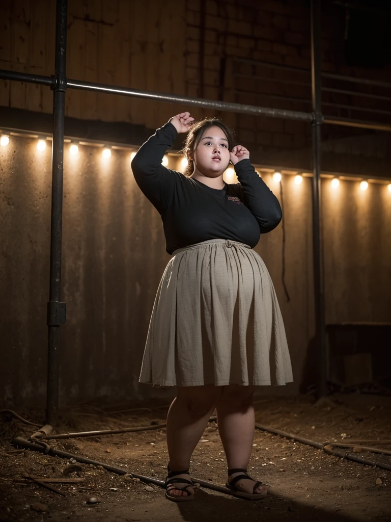 A very fat, obese 10-year-old girl in an underground prison, looking excited, detailed facial features, (best quality,4k,8k,highres,masterpiece:1.2),ultra-detailed,(realistic,photorealistic,photo-realistic:1.37),HDR,UHD,studio lighting,ultra-fine painting,sharp focus,physically-based rendering,extreme detail description,professional,vivid colors,bokeh,dark and moody atmosphere,cinematic lighting,dramatic shadows,claustrophobic environment,rusty metal bars,stone walls,dirt floor,glowing lights,excited expression,chubby cheeks,double chin,plump body,thick arms and legs