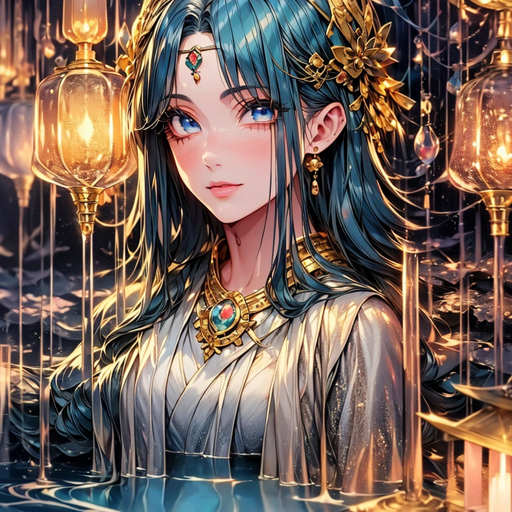 1girl, looking at the viewer, water, pond, lake, shrine, koi, beautiful detailed eyes, beautiful detailed lips, extremely detailed face and eyes, long eyelashes, elegant kimono, serene expression, tranquil atmosphere, photorealistic, 8k, ultra-detailed, masterpiece, professional, vibrant colors, natural lighting, landscape painting