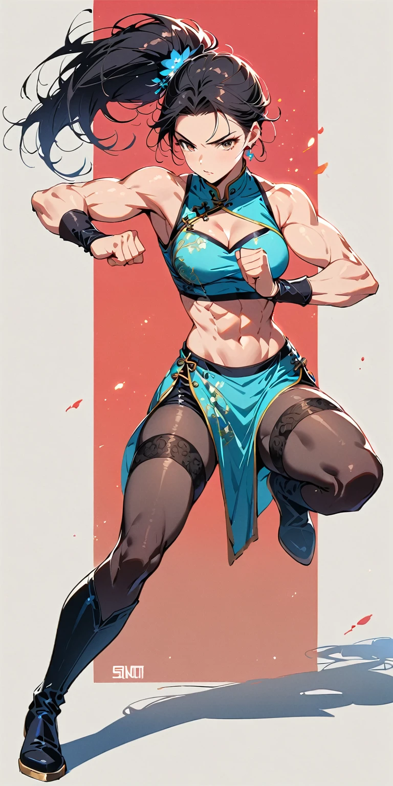 beautiful muscular woman and doing a knee strike, six pack, no men in background , Chinese dress crop top, and leggings and thigh high boots, full body portrait