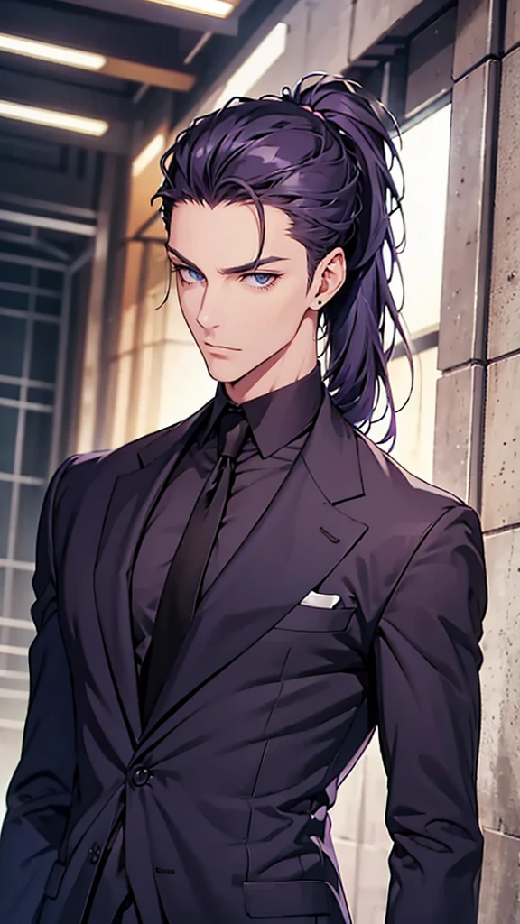 Male, blue eyes, purple slicked back ponytail, navy blue checkered suit, thin eyebrows, slim body, upper body