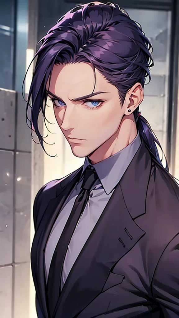 Male, blue eyes, purple slicked back ponytail, navy blue checkered suit, thin eyebrows, slim body, upper body