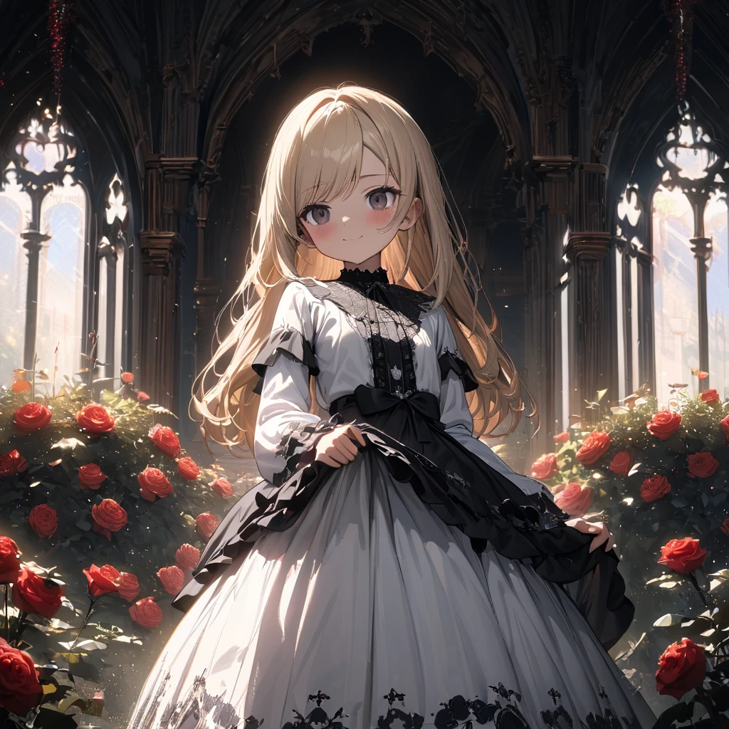 ((Masterpiece)), ((best quality)), (Anime), ((kawaii)), ((extremely detailed)), 4K, (8K), (super detail:1.2), (High Definition:1.3), (Professional Photography:1.2), (wide shot), cinematic lighting, (very aesthetic:1.2), (absurdres:1.2), (sharp focus), (perfect light), ((12 years old)), (12 years old), ((1girl)), Textured skin, cinematic lighting, 1girl, ((Beautiful Gothic Lolita pure-white-Dresses)), (very hoop-dress), Luxury roses embroidery, cute innocent young girl, ((loose swept bangs)), Slender and small breasts, (long silky blond hair), (gothic lolita makeup), ((bags under the eyes)), lower eyelashes, beautiful hair, smile, (blush), Light particles, ((Lift the skirt with hand)), in beautiful Fantastic garden, (red roses garden)