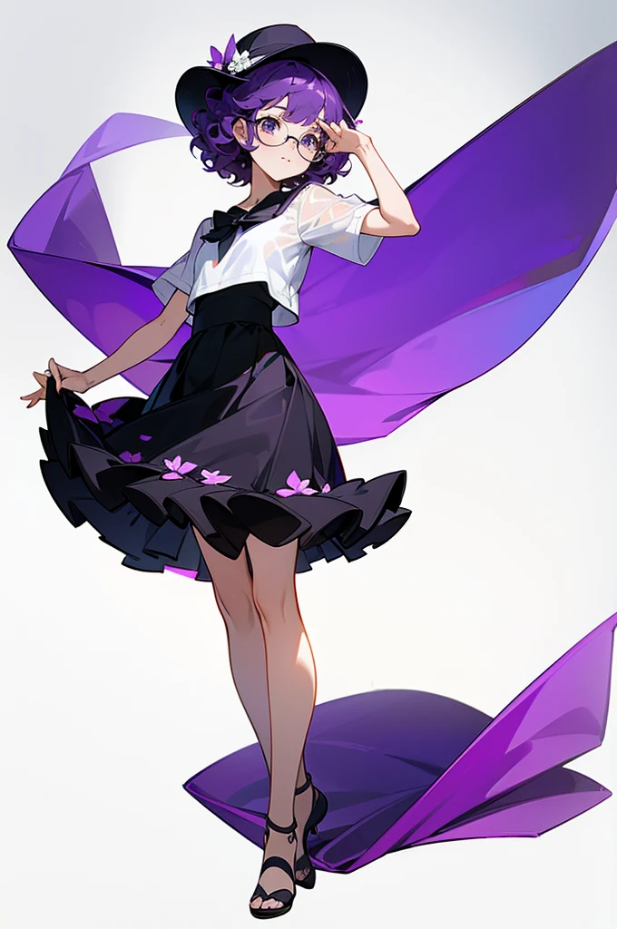 one girl, short very curly purple hair with dark purple strand, glasses, two-piece black and white color flower theme simple swim outfit, simple detaled, lovable, no background, dynamic cute pose,, full body ,detaled feet,short blouse flowers,art, long airy skirt, summer hat,