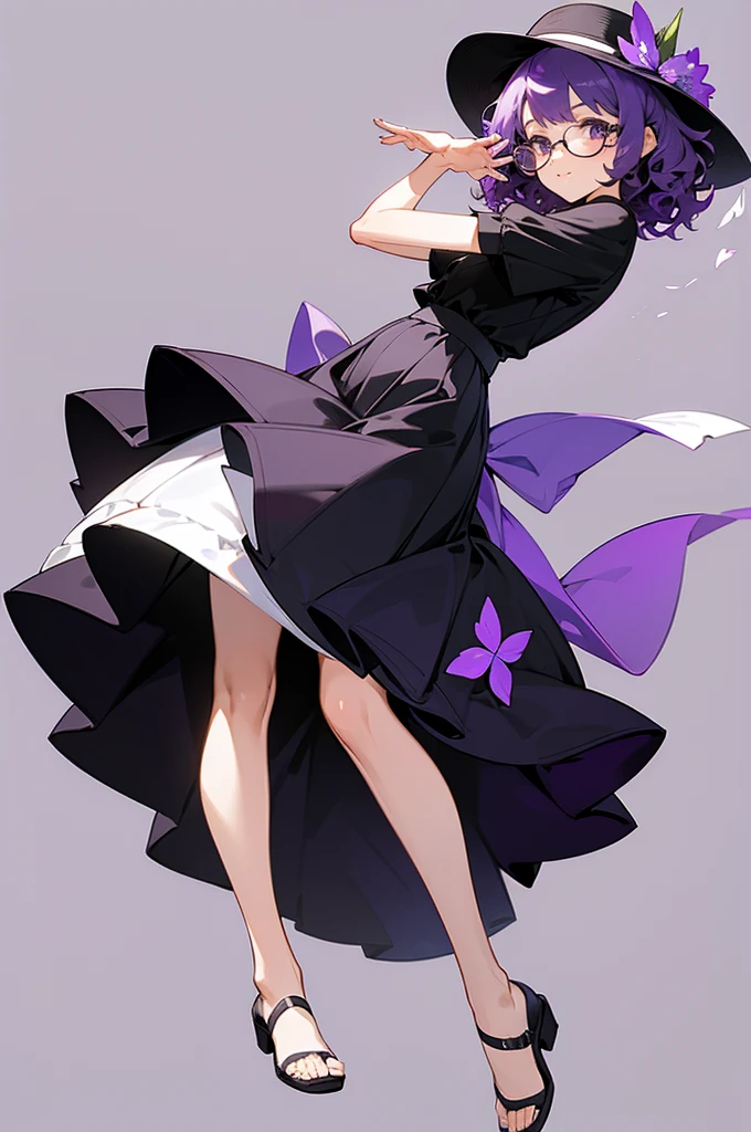 one girl, short very curly purple hair with dark purple strand, glasses, two-piece black and white color flower theme simple swim outfit, simple detaled, lovable, no background, dynamic cute pose,, full body ,detaled feet,short blouse flowers,art, long airy skirt, summer hat,
