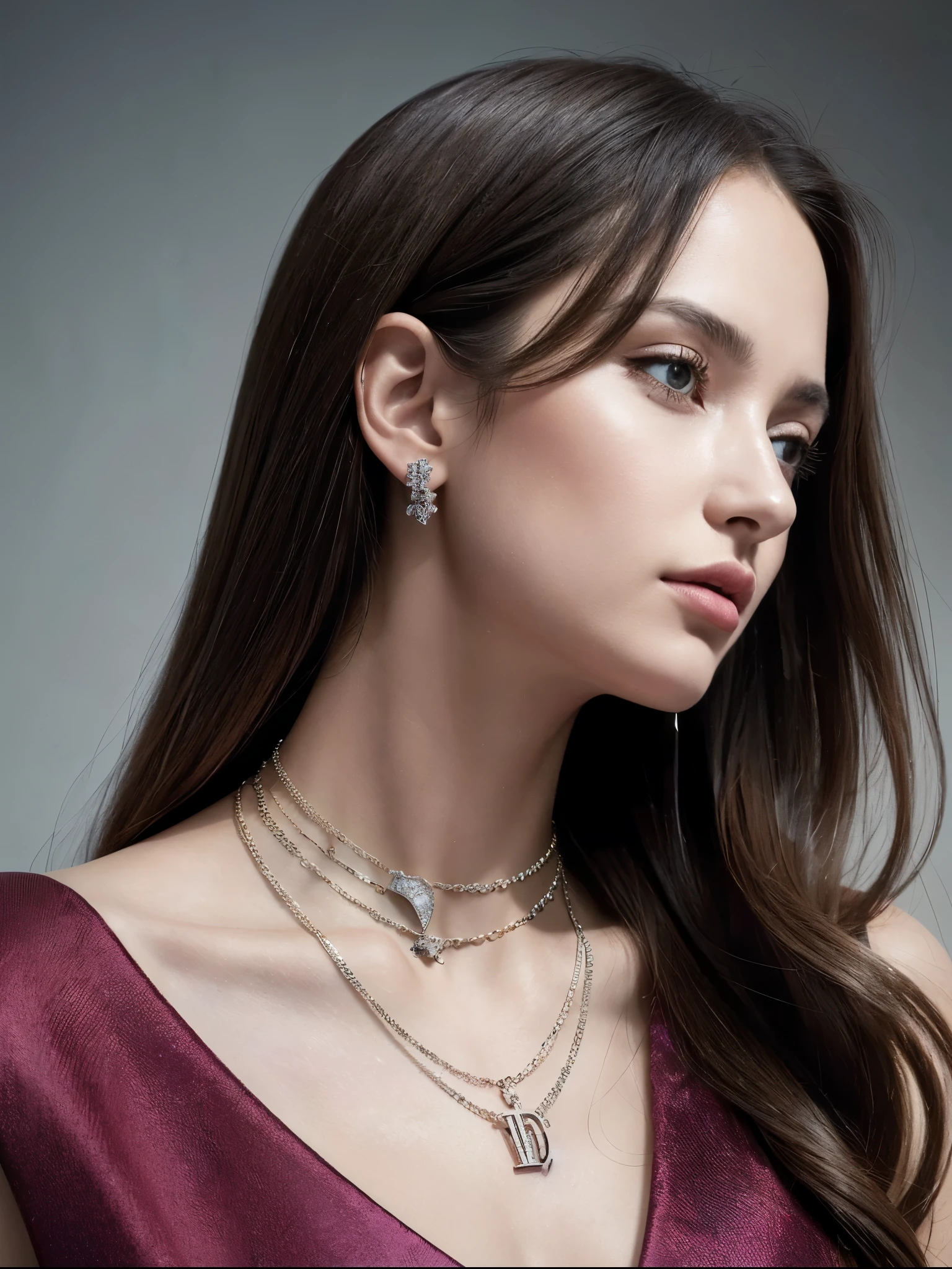 a mature women, solo, glossy lips, (natural lighting, volumetric), looking at viewer, necklace, (straight hair:1.2), (wearing t-shirt, strapless), (saggy breast:1.3),