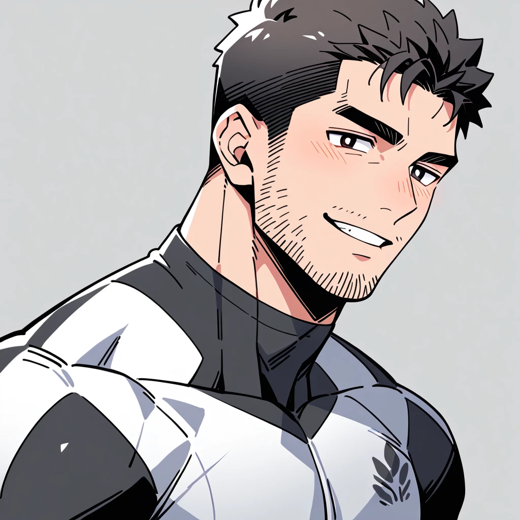anime characters:Chris Redfield, Muscle Sports Student, Buzz Cut, Manliness, male focus, Dark black Yellow high collar long sleeve tight T-shirt, Very tight, full and perky chest muscles, muscular male, muscular, only, Upper body, alone, Black short hair, Thick eyebrows, stubble, Brown-red pupils, Grey background, simple background, amazing quality, best aesthetics, Ridiculous, parted lips, bright pupils, seductive smile, torogao, naughty face, best quality