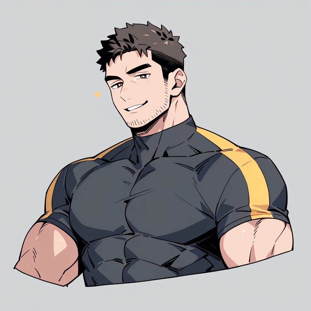 anime characters：Chris Redfield, Muscle Sports Student, Buzz Cut, Manliness, male focus, Dark black Yellow high collar long sleeve tight T-shirt, Very tight, full and perky chest muscles, muscular male, muscular, only, Upper body, alone, Black short hair, Thick eyebrows, stubble, Brown-red pupils, Grey background, simple background, amazing quality, best aesthetics, Ridiculous, parted lips, bright pupils, seductive smile, torogao, naughty face, best quality