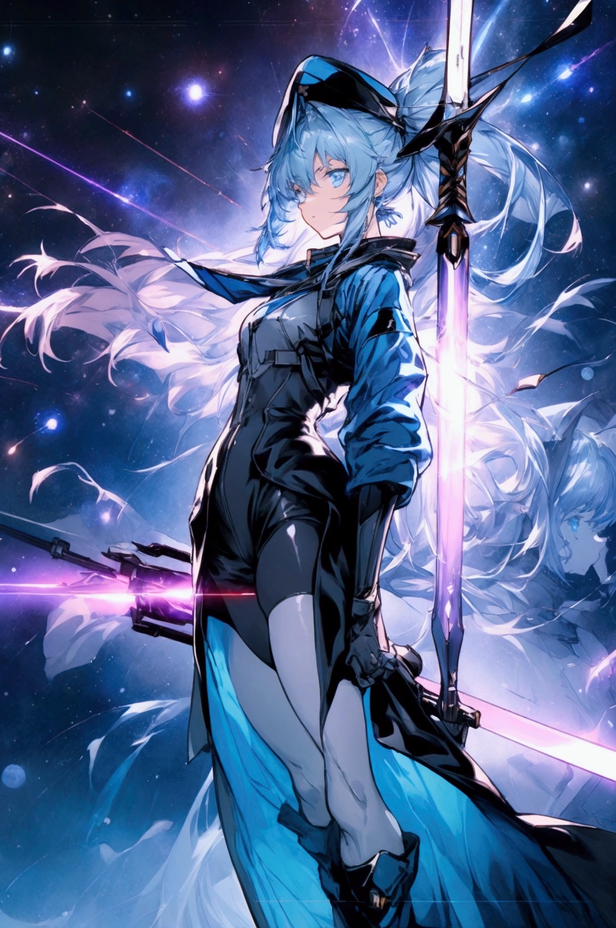 ((science fiction space fantasy)), A badass tall woman, (A female commander), ((a leader of a fleet of intergalactic armies)), White high ponytail with a glowing light blue highlights at the ends, Wielding a sword with deep blue aura, the mystical blade in her hand emitting a bright contrast blue light with a ray of energy, a futuristic intergalactic military uniform, Wearing Black shorts exposing the thighs, with a captain hat, a long simple dark boots. A masterpiece illustration, a light novel cover, best quality, best detail(Light novel illustrations), Arknights style, masterpiece, high quality, detailed.