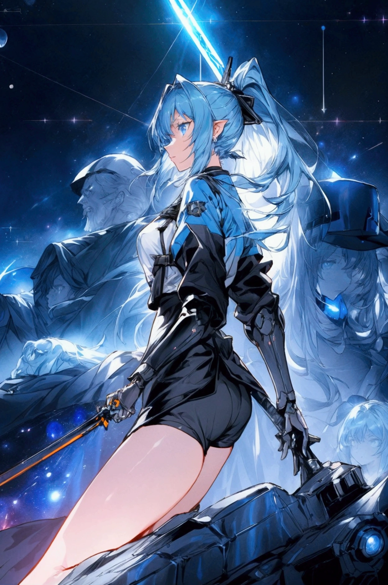 ((science fiction space fantasy)), A badass tall woman, (A female commander), ((a leader of a fleet of intergalactic armies)), White high ponytail with a glowing light blue highlights at the ends, Wielding a sword with deep blue aura, the mystical blade in her hand emitting a bright contrast blue light with a ray of energy, a futuristic intergalactic military uniform, Wearing Black shorts exposing the thighs, with a captain hat, a long simple dark boots. A masterpiece illustration, a light novel cover, best quality, best detail(Light novel illustrations), Arknights style, masterpiece, high quality, detailed.