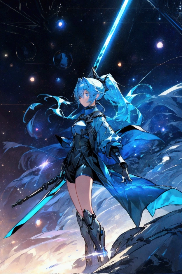 ((science fiction space fantasy)), A badass tall woman, (A female commander), ((a leader of a fleet of intergalactic armies)), White high ponytail with a glowing light blue highlights at the ends, Wielding a sword with deep blue aura, the mystical blade in her hand emitting a bright contrast blue light with a ray of energy, a futuristic intergalactic military uniform, Wearing Black shorts exposing the thighs, with a captain hat, a long simple dark boots. A masterpiece illustration, a light novel cover, best quality, best detail(Light novel illustrations), Arknights style, masterpiece, high quality, detailed.