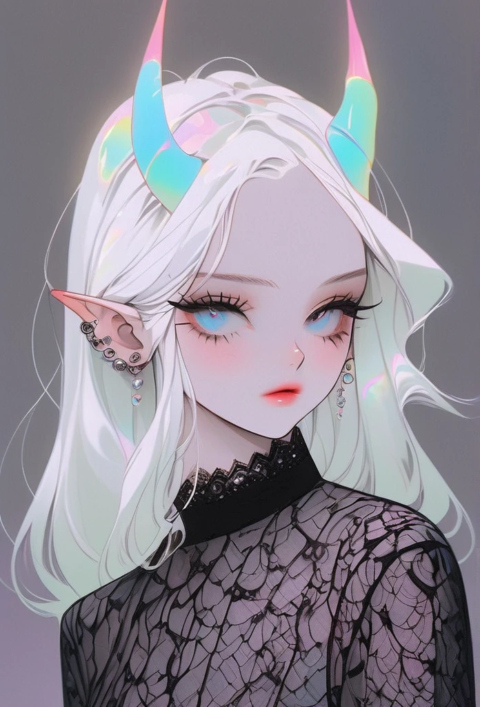pale devil girl , ((above the waist)), shot from very far away, (largeeyes, The eyes are delicate and beautiful., beautiful and delicate face, full body details), (prism shading, holographic environment, chromatic:1.2) Black lace shirt, gothic background, (long right angle:1.2) Sneakers with socks,