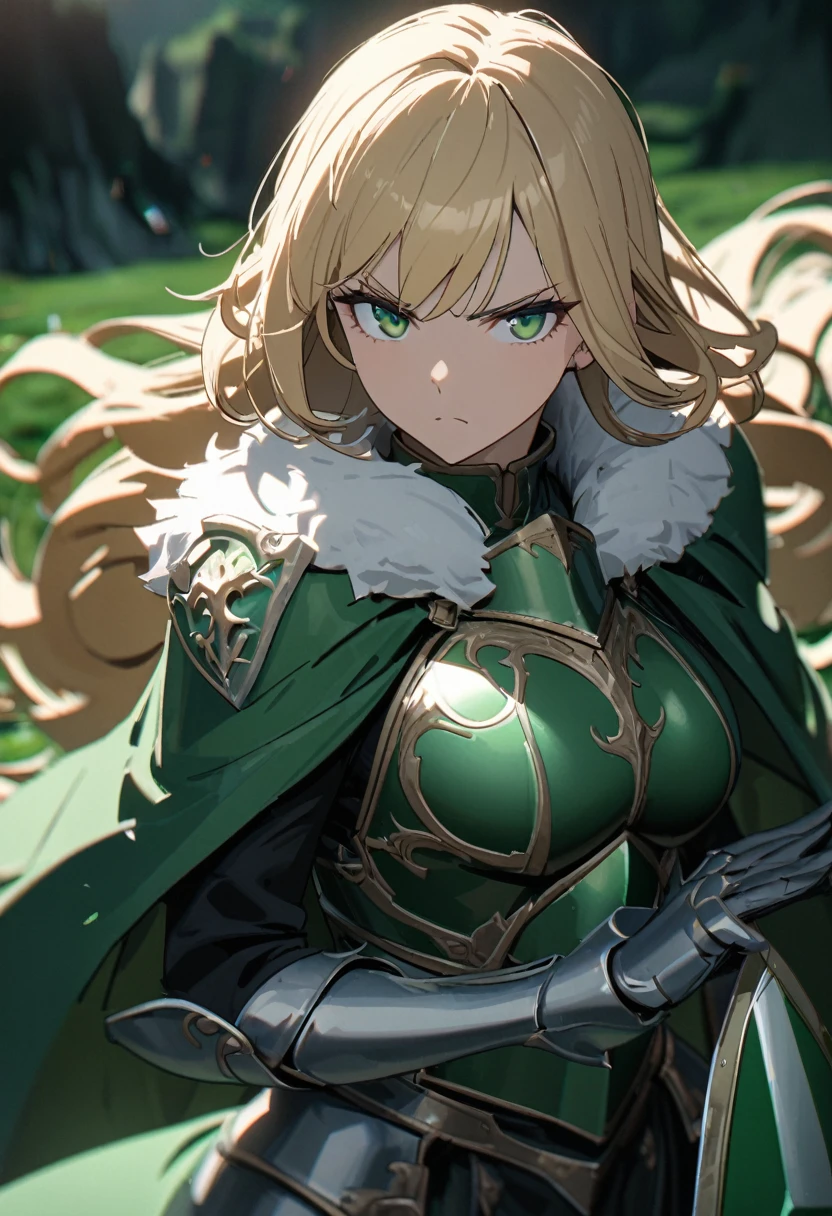Mature woman, perfect anatomic draw, perfect eyes, short blondie hair, waved hair, straight bang down, beautiful eyes, grenn eyes, beautiful woman, serious face, grenn cape with fur collar, knight armor, magical green shield, in the valley, brave pose, 8k, high quality, full HD.
