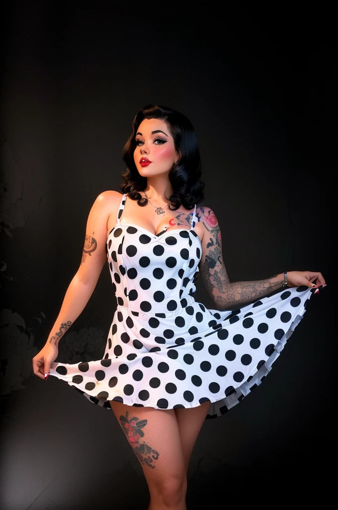 arafed woman in a polka dot dress posing for a picture, pinup model, tattooed pinup, shot in the photo studio, sixties pinup, pinup pose, retro pinup model, girl pinup, pinup girl, polka dot, pinup, portrait shot, pin up girl, pinup style, photo from a promo shoot, glamour photography, tattooed, pin - up girl