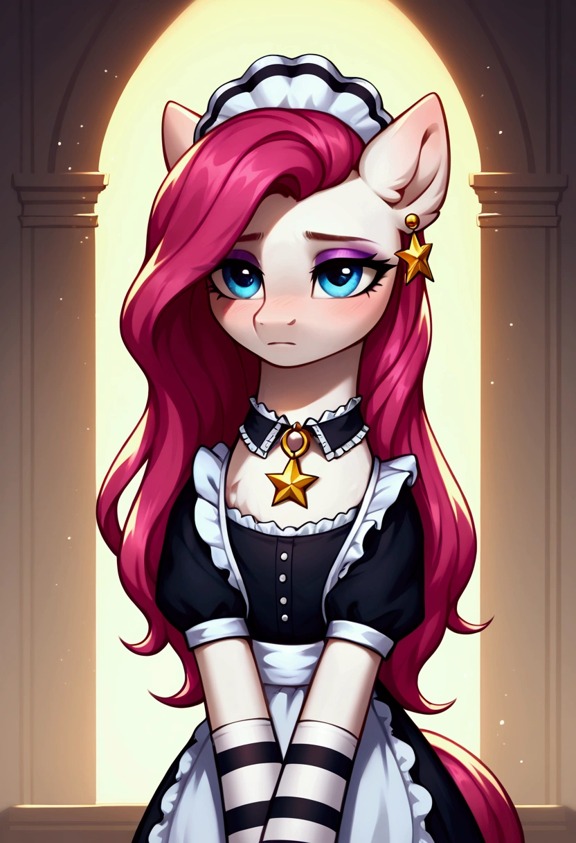 score_9,score_8_up,score_7_up,score_6_up, ((my little pony)), radiant lighting, vibrant colors, whimsical atmosphere, 8K, high resolution, highly detailed, masterpiece, (shy look), ((pony body)), white body, blue eyes, (maid costume), striped stockings, star pendant, earrings, eyeshadow, (fuchsia hair colour), ((long hair))
