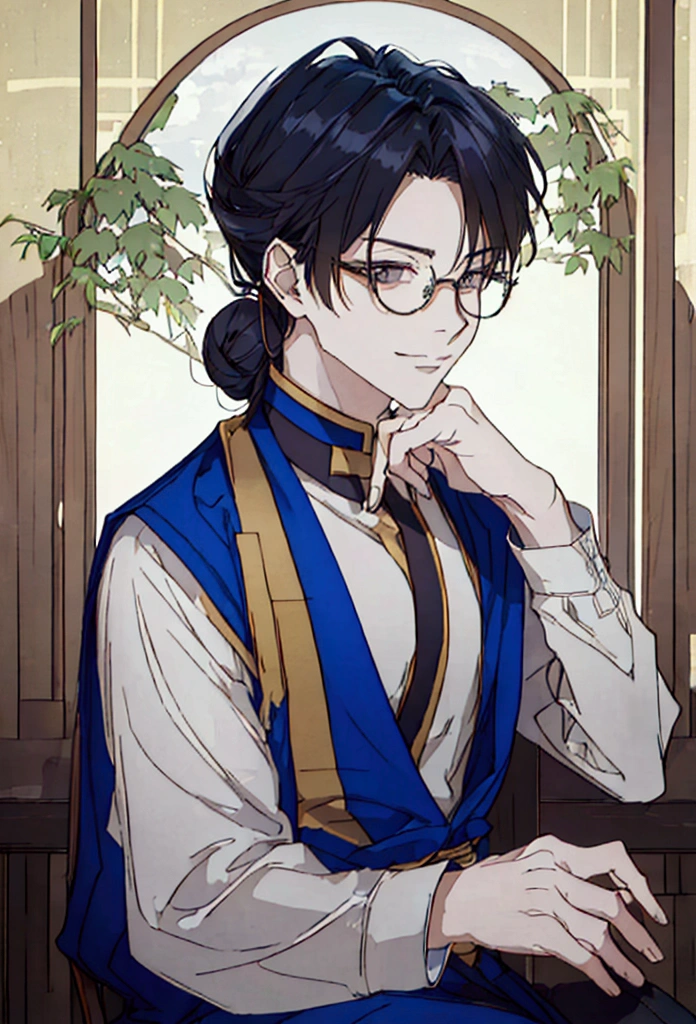 ((best qualityer)), ((work of art)), (detailded) kor: 38 years old Appearance: man hair: gris, long and tied into a traditional bun, with some loose threads. muka: slightly wrinkled, with an arrogant expression. eyeballs: brown, with an obvious scar on the right eye. tenue: Japanese traditional kimono, dark blue with gold details. Accessories: Wear a pair of round glasses. stance: sitting down, haughty, smiling in greed