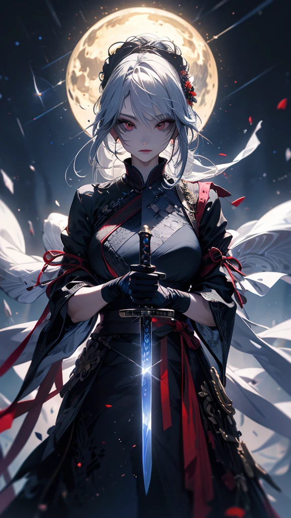 masterpiece, high quality, 4K, Beautiful design, silhouette,Gray Hair, 非常に詳細な夜のStarry Sky,Flower Field, wonderful, Finer details, Very knowledgeable woman, Highly detailed solo, 1 female,Red eyes,Big Breasts,Gothic Lolita Fashion,twin sword,Night view,Starry Sky,full moon,