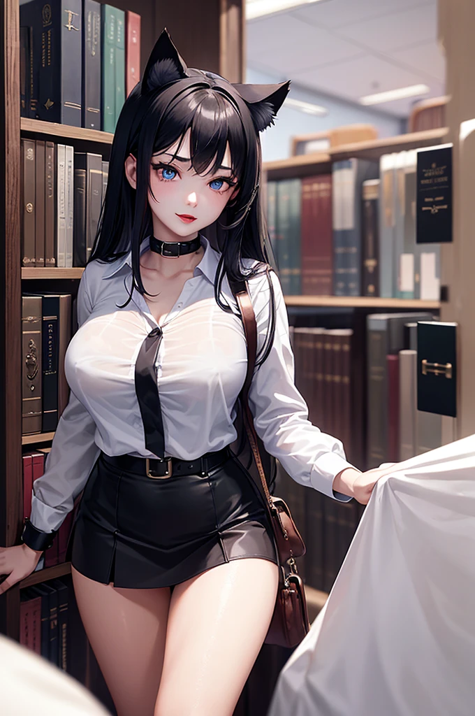 Detailed facial details,,1 girl,Red lips,Cat ear,Black long hair,Large Breasts,Slim,Wearing a snow-white shirt,Short skirt,Charming blue eyes,Handcuffs,Collar,Radiant Skin,Inside the library