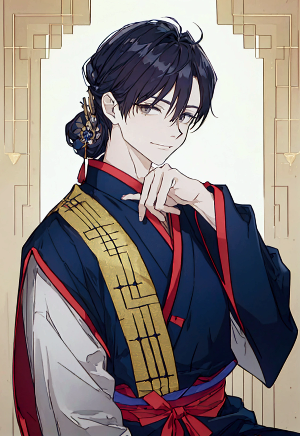 ((best qualityer)), ((work of art)), (detailded) kor: 38 years old Appearance: man hair: gris, long and tied into a traditional bun, with some loose threads. muka: slightly wrinkled, with an arrogant expression. eyeballs: brown, with an obvious scar on the right eye. tenue: Japanese traditional kimono, dark blue with gold details. Accessories: Wear a pair of round glasses. stance: sitting down, haughty, smiling in greed