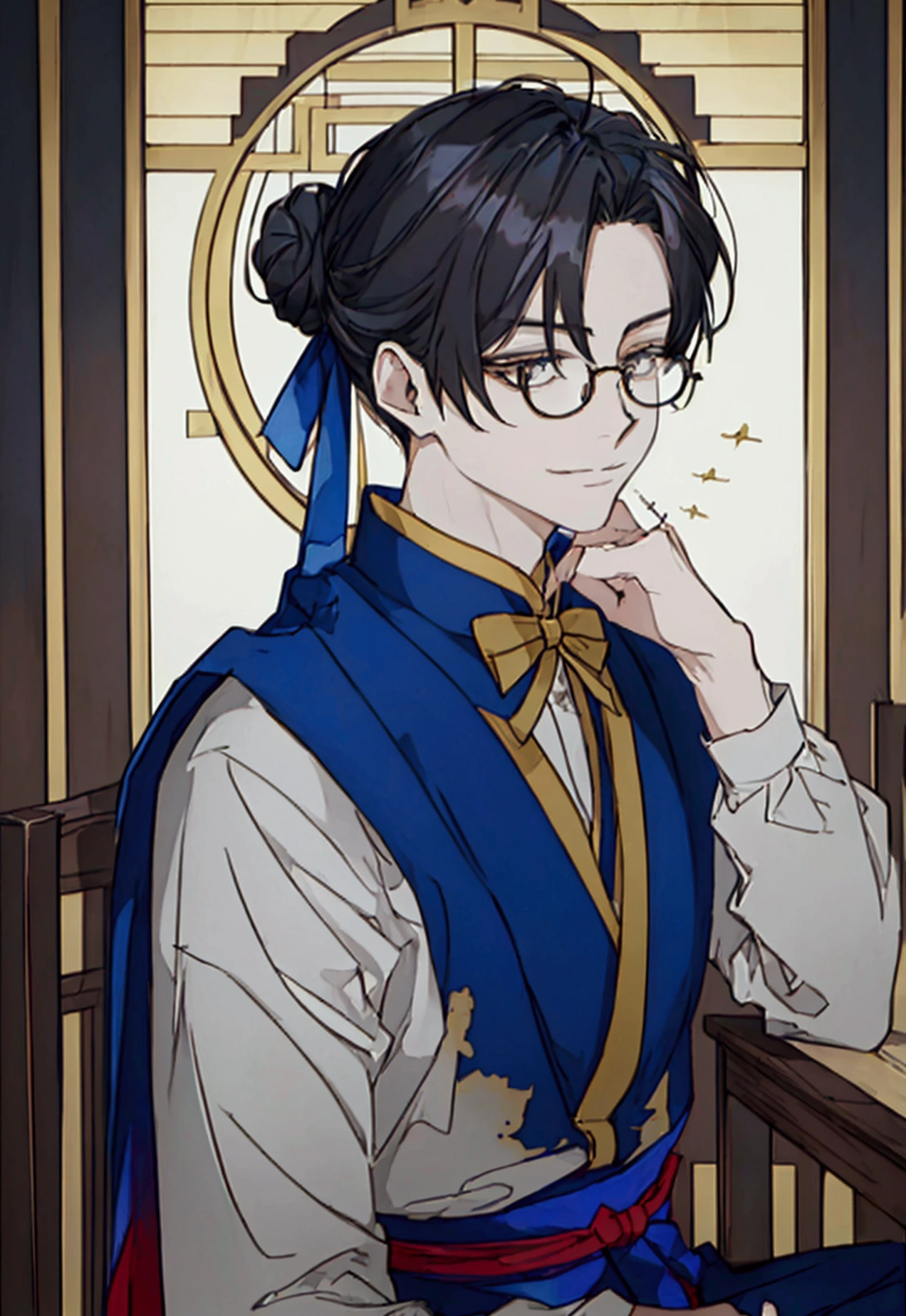 ((best qualityer)), ((work of art)), (detailded) kor: 38 years old Appearance: man hair: gris, long and tied into a traditional bun, with some loose threads. muka: slightly wrinkled, with an arrogant expression. eyeballs: brown, with an obvious scar on the right eye. tenue: Japanese traditional kimono, dark blue with gold details. Accessories: Wear a pair of round glasses. stance: sitting down, haughty, smiling in greed