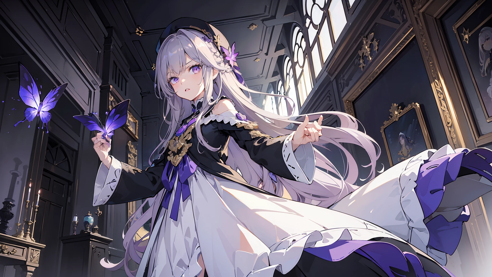 (best quality:1.3), (masterpiece:1.3), (illustration:1.3), (ultra-detailed:1.3), 1girl, solo, very young, flat chest, purple eyes, white hair, long hair, black dress, white coat, black beret, serious expression, angry expression, looking at viewer, purple flower, hair ornament, short, french braid, night sky, glowing purple butterfly, indoors, estate, mansion,