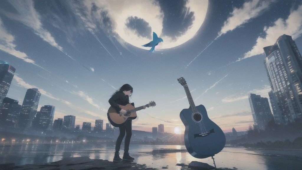 Acoustic guitar,Pitch black night sky,Octane, Star (zero), scenery, Blue parakeet,The acoustic guitar is placed in front of the body.,Star, night, Back view, Outdoor, city,river,Blue parakeet,building, cloud, Heavenly River,silhouette