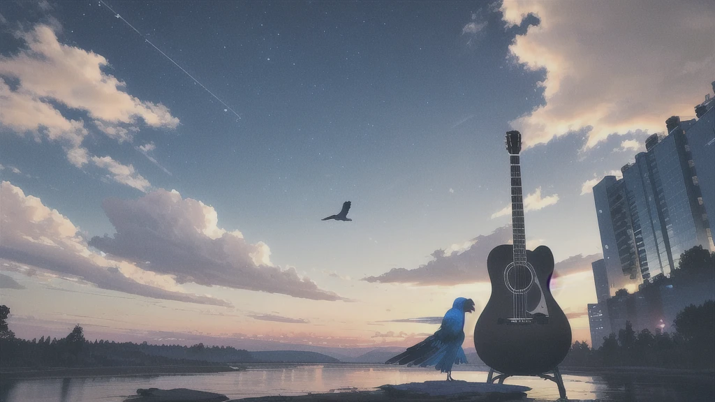 Acoustic guitar,Pitch black night sky,Octane, Star (zero), scenery, Blue parakeet,The acoustic guitar is placed in front of the body.,Star, night, Back view, Outdoor, city,river,Blue parakeet,building, cloud, Heavenly River,silhouette