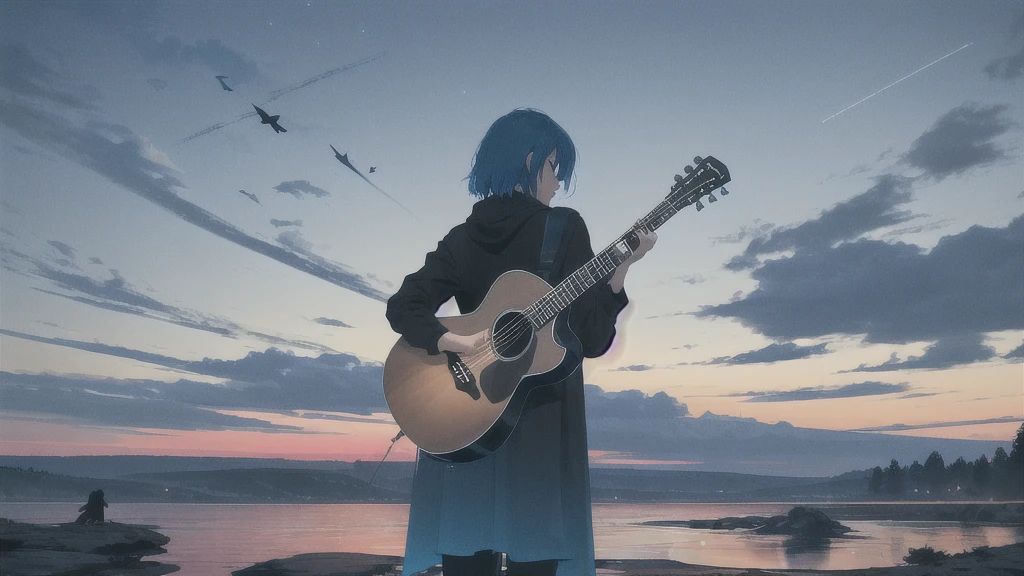 Acoustic guitar,Pitch black night sky,Octane, Star (zero), scenery, Blue parakeet,The acoustic guitar is placed in front of the body.,Star, night, Back view, Outdoor, city,river,Blue parakeet,building, cloud, Heavenly River,silhouette