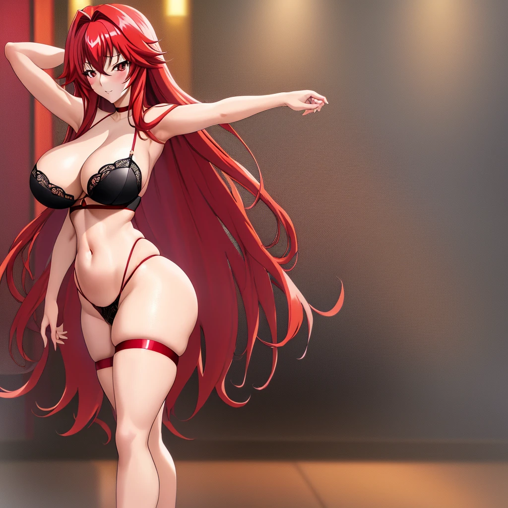 Illustration, Rias Gremory, High School DxD, anime girl, red hair, long hair, seductive expression, revealing black lingerie, stockings, high heels, large breasts (34C), curvy figure, toned legs, smooth skin, shapely thighs (22 inches), slender ankles (7 inches), delicate feet (size 7), intricate details, dynamic pose, dramatic lighting, warm colors, soft focus, 4k, high resolution, ultra high resolution, intricate detail, detailed texture, erotic atmosphere, suggestive pose, solo character, single figure, no duplicate, no extra limbs, no mutated hands, no dehydrated skin