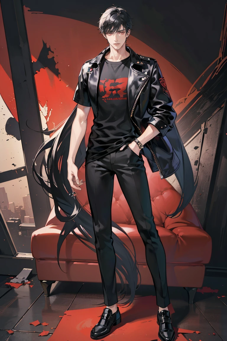 (masterpiece), best quality, seductive eyes, perfect face, handsome man, red eyes, short messy black hair, long nose, plain black t-shirt, black fitted pants, black leather jacket, full body, extremely tall man, long legs, long calves, anime cover, 1boy, ear piercings, hands in pockets, adult-like look, big bike
