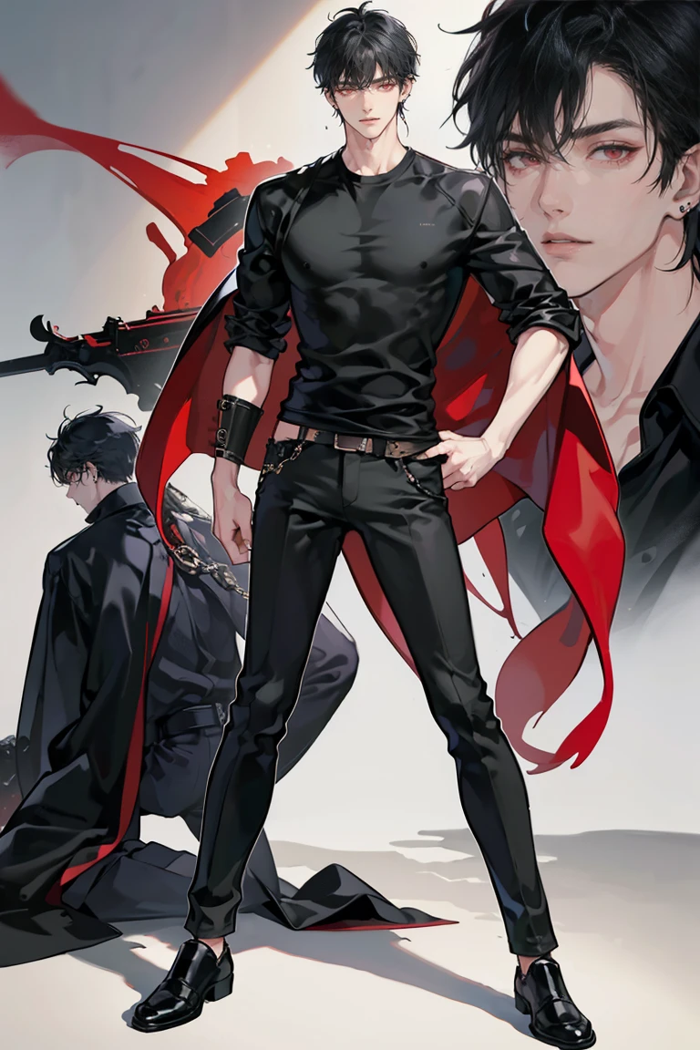 (masterpiece), best quality, seductive eyes, perfect face, handsome man, red eyes, short messy black hair, long nose, plain black t-shirt, black fitted pants, black leather jacket, full body, extremely tall man, long legs, long calves, anime cover, 1boy, ear piercings, hands in pockets, adult-like look, big bike